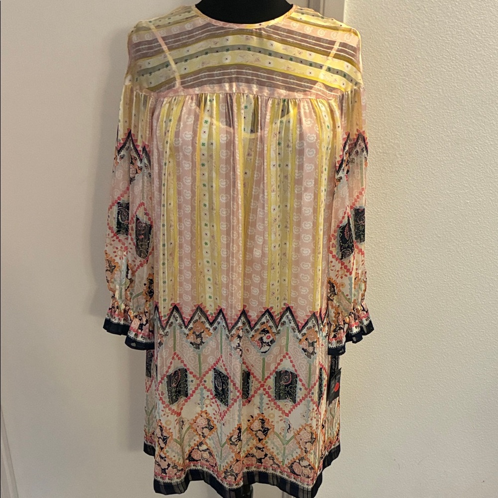 NWT Anna Sui Yellow and Pink Long Sleeve Sheer Slip Lined Mini Dress P petite
